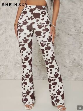 SHEIN White & Brown Cow Spot High-Waist Flare Pants